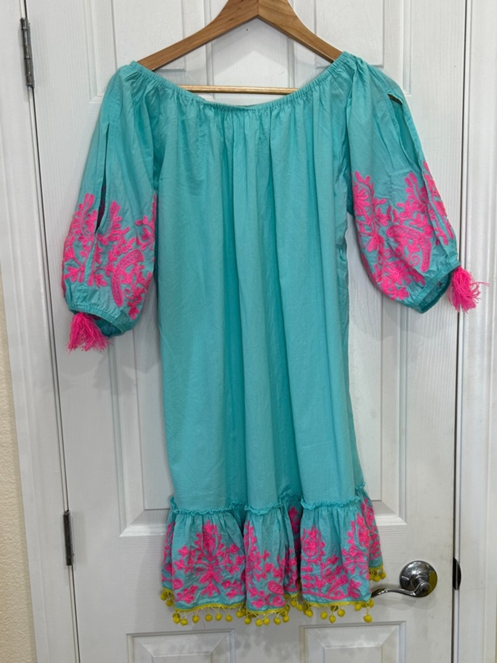 Debbie Katz South Beach Embroidered Pom Pom Off Shoulder Dress Coverup S/M